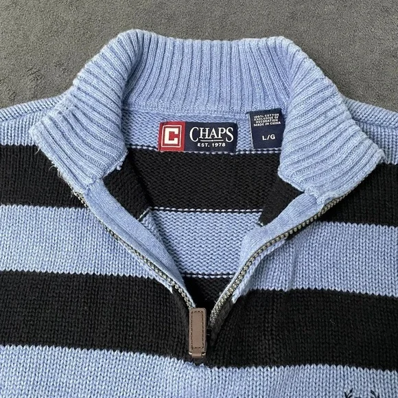 Chaps Ralph Lauren 1/4 Zip Sweater Mens Blue Stripe Mock Neck Blokecore Rugby - Picture 5 of 7